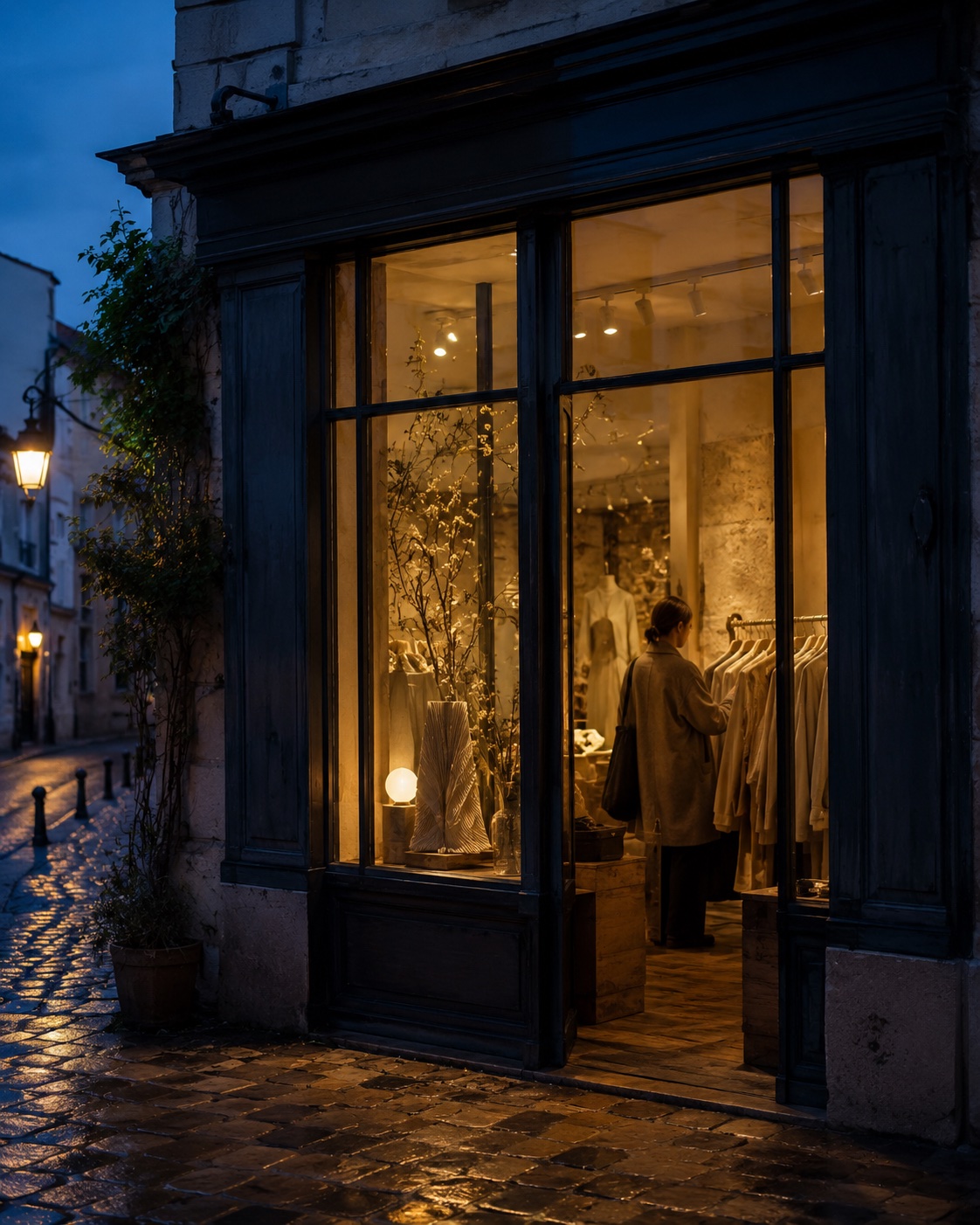 Boutique storefront photographed at blue hour for social content