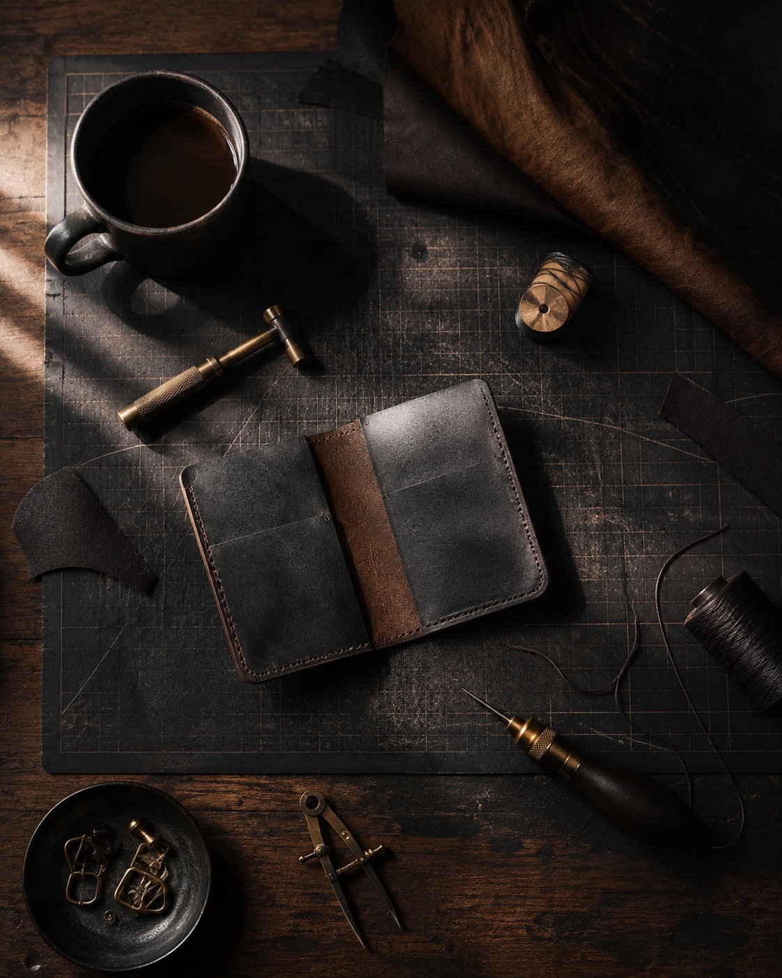Handmade leather goods photographed on the maker workbench