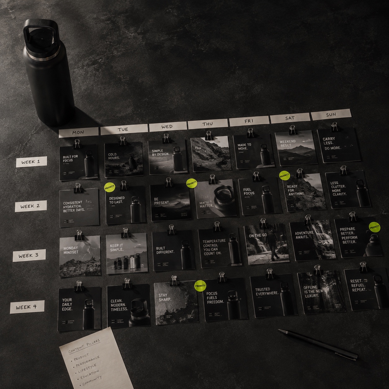 Four weeks of planned posts laid out in a calendar grid, some flagged as priorities