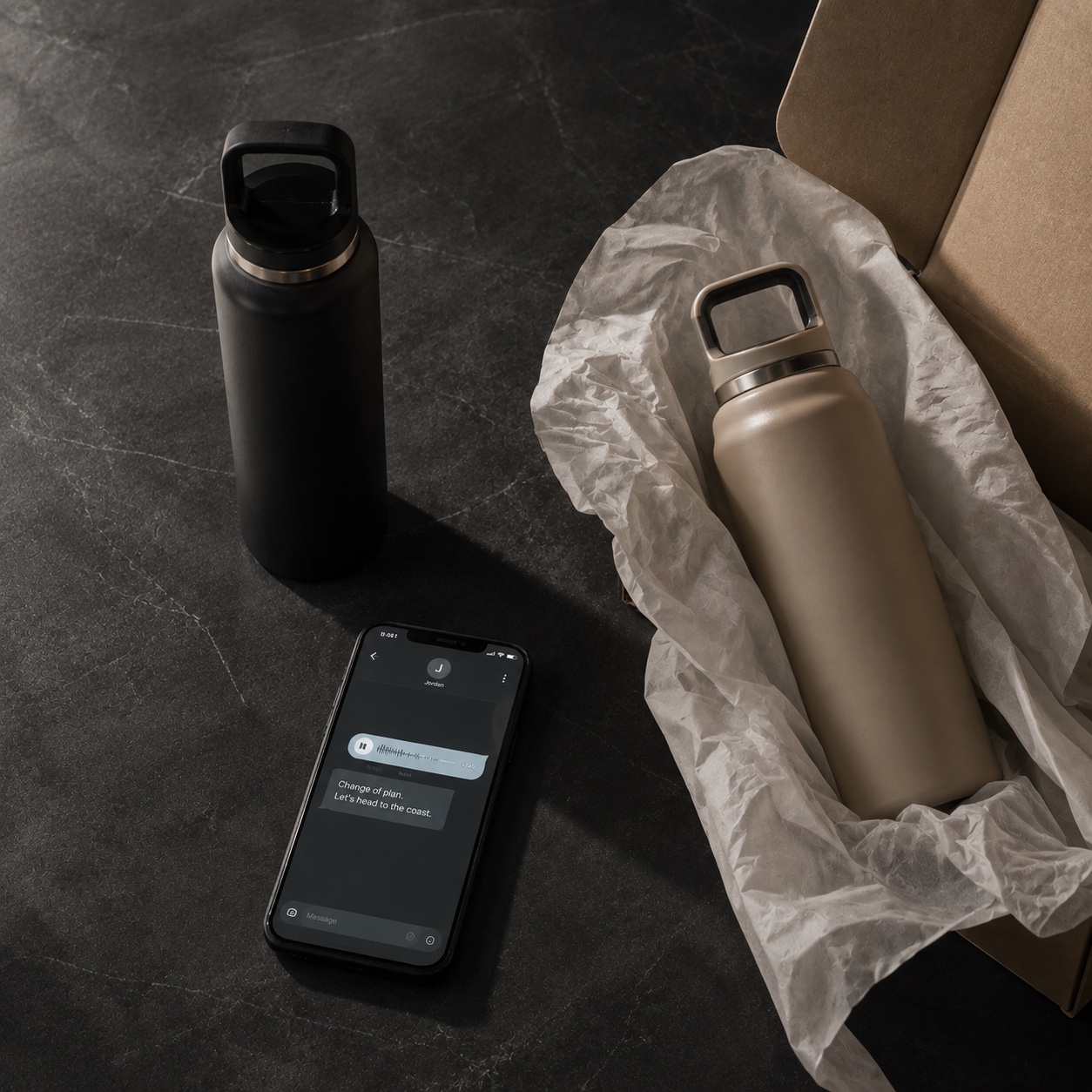 A voice note arriving on a phone as a new product colourway is unboxed
