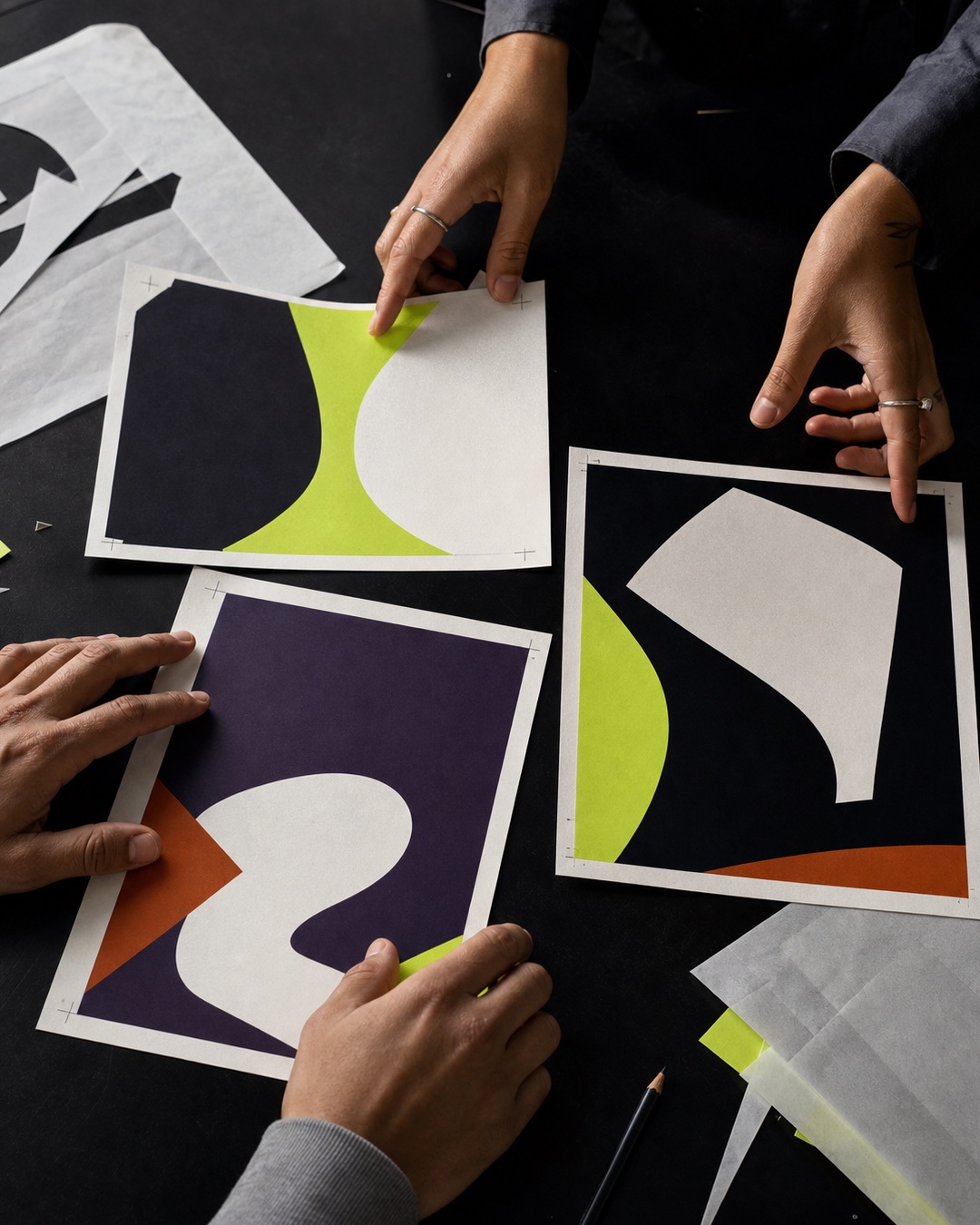 Hands reviewing a set of printed creative concepts