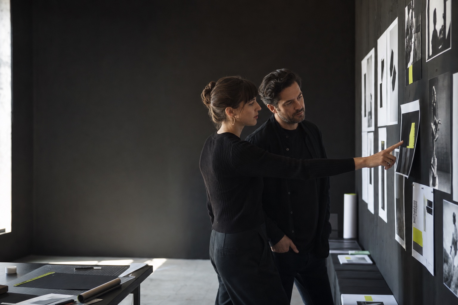 Two creatives reviewing work on a studio wall